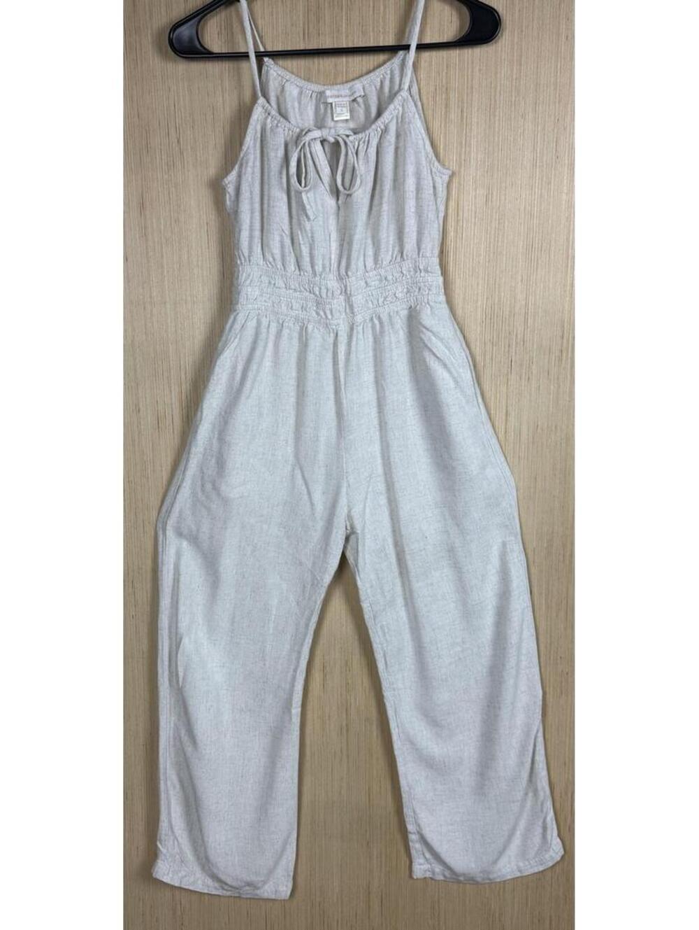 Monteau Los Angeles Jumpsuit Womens Small Beige Linen Elastic Waist Summer